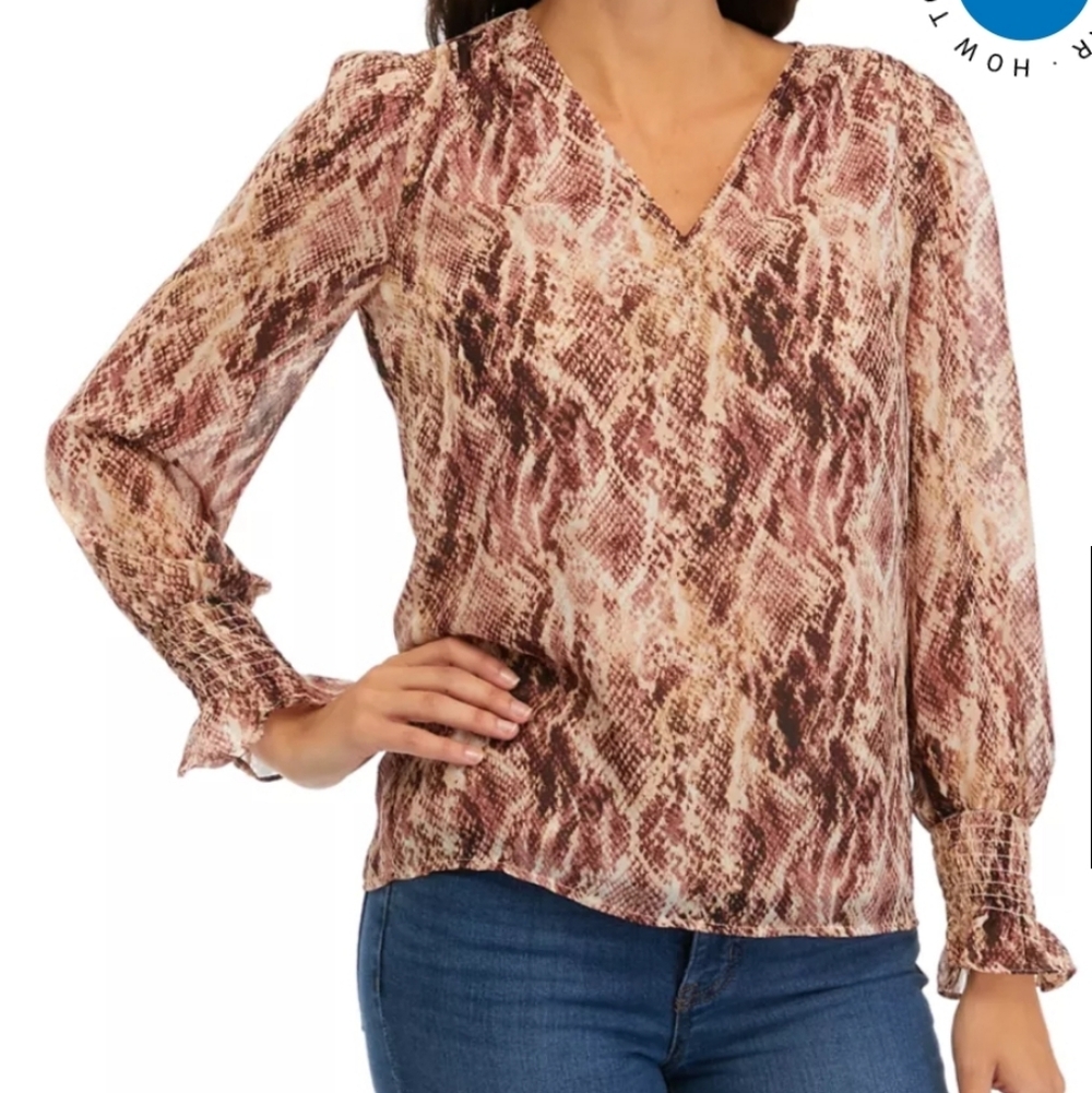 Anne Klein Brown Snake Print V-Neck Smocked Sleeves Blouse